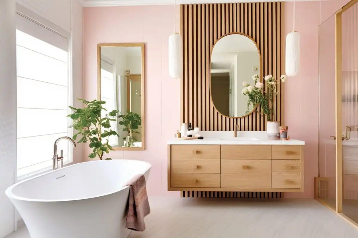 A bathroom with pink walls and wooden accents The image showcases bathroom lighting ideas to brighten the space - Bathroom Lighting Ideas – 16 Designs To Brighten Your Space - Vorlane - Vorlane A bathroom with pink walls and wooden accents The image showcases bathroom lighting ideas to brighten the space - Bathroom Lighting Ideas – 16 Designs To Brighten Your Space - Vorlane - Vorlane