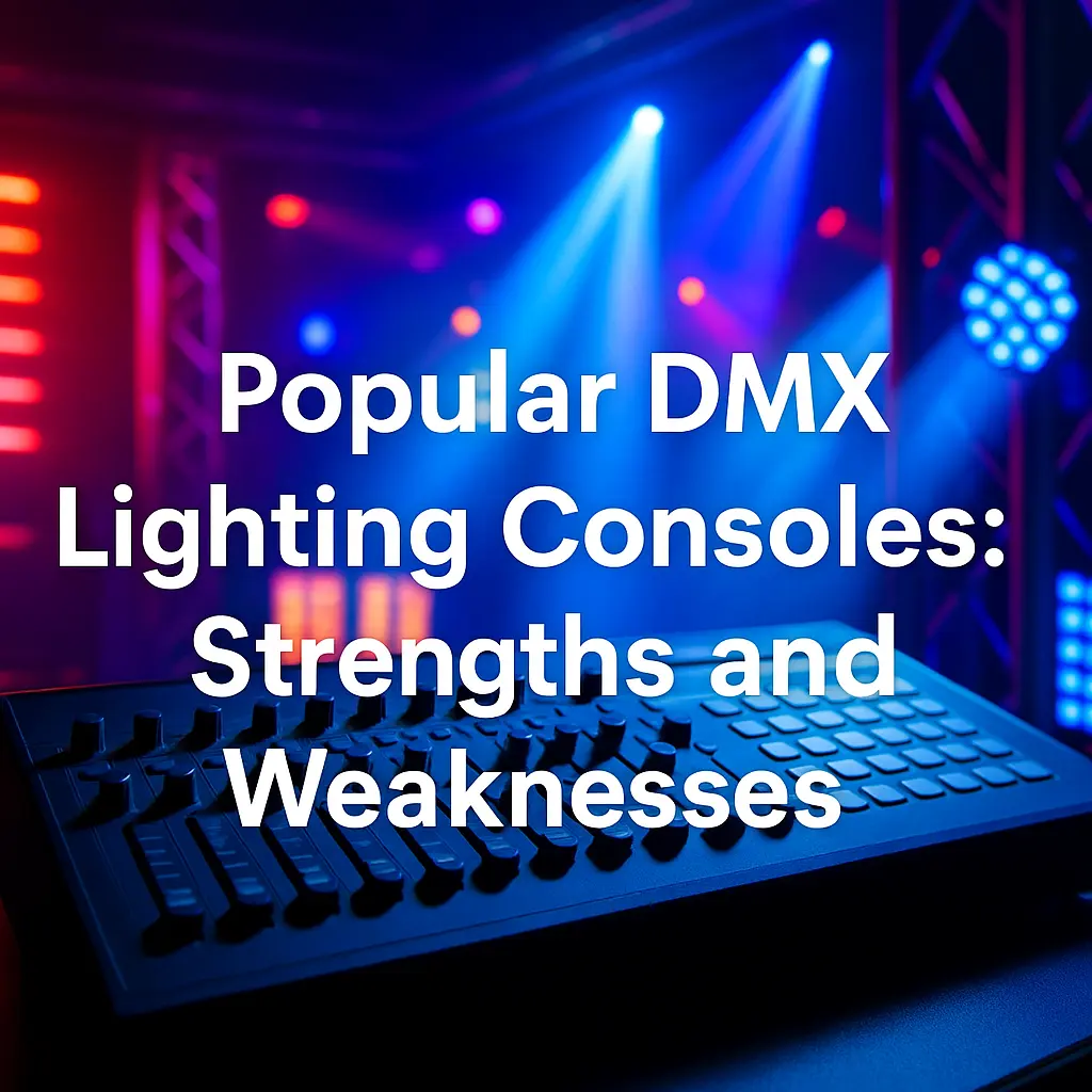 DMX console with colorful stage lighting in background - Popular DMX Lighting Consoles: Strengths and Weaknesses - Vorlane DMX console with colorful stage lighting in background - Popular DMX Lighting Consoles: Strengths and Weaknesses - Vorlane