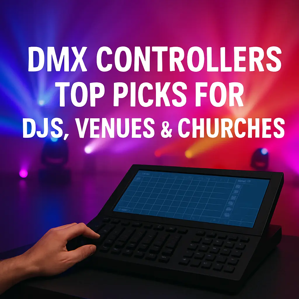 DMX controller article cover with centered title and colorful stage lights - DMX Controllers: Top Picks for DJs, Venues & Churches - Vorlane DMX controller article cover with centered title and colorful stage lights - DMX Controllers: Top Picks for DJs, Venues & Churches - Vorlane