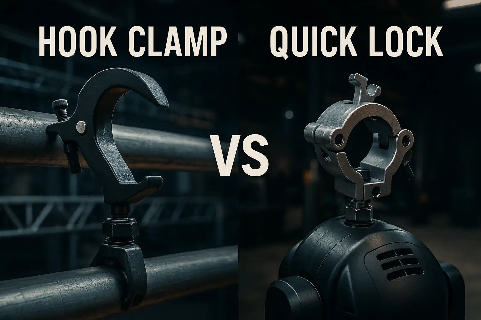 Hook clamp and quick lock side by side comparison for stage lighting mounts - Choosing the Right Mounting for Stage Lighting - Vorlane - Vorlane Hook clamp and quick lock side by side comparison for stage lighting mounts - Choosing the Right Mounting for Stage Lighting - Vorlane - Vorlane