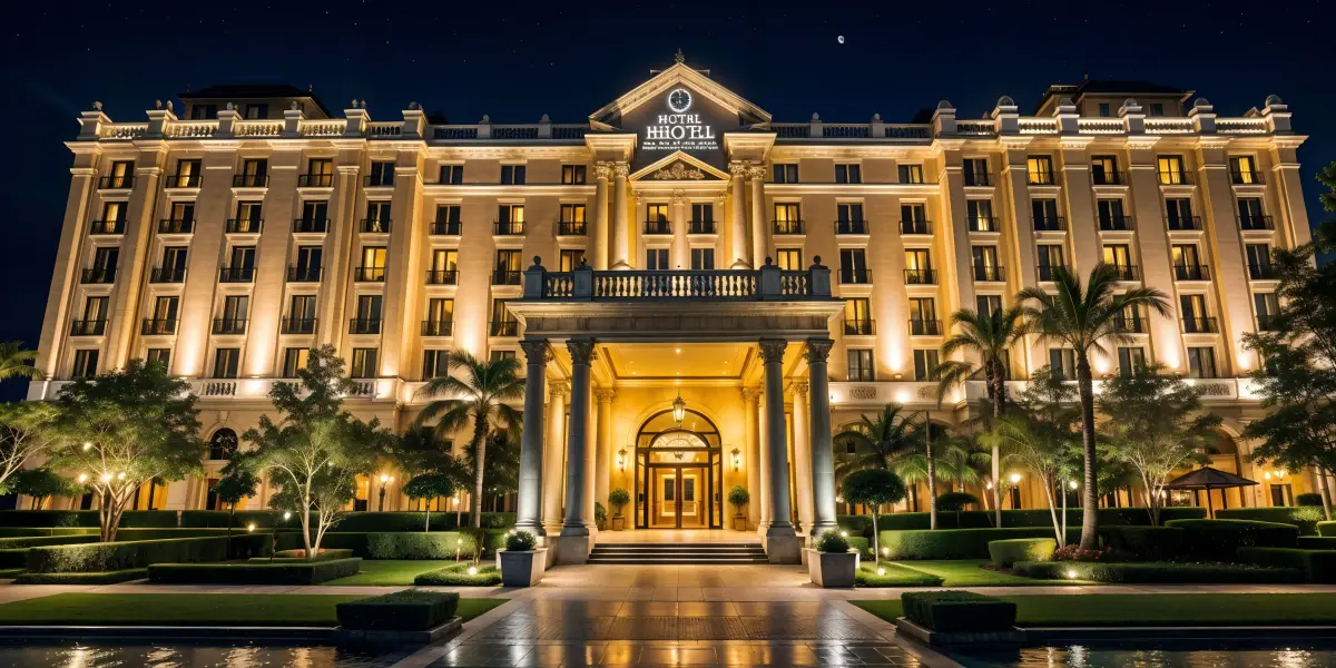 Hotel exterior illuminated with architectural lighting featuring floodlights wall washers and pathway lights for a luxurious ambiance1 - Top Hotel Lighting Ideas From Lobby to Guest Room [May 2026] - Vorlane
