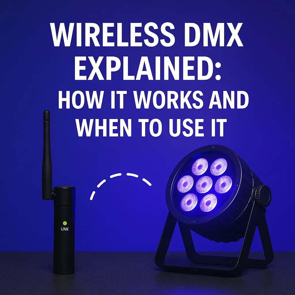 Wireless DMX article cover with transmitter and PAR light illustration - Wireless DMX Explained: How It Works and When to Use It - Vorlane Wireless DMX article cover with transmitter and PAR light illustration - Wireless DMX Explained: How It Works and When to Use It - Vorlane